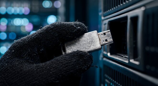 Gloved hand inserts USB flash drive into server rack for data transfer in dark server room.