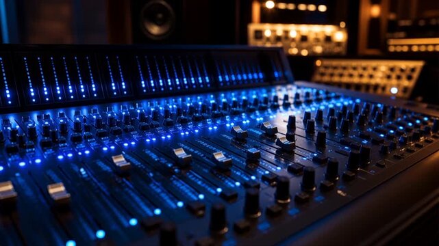 Sound mixing console board with illuminated faders in a recording studio