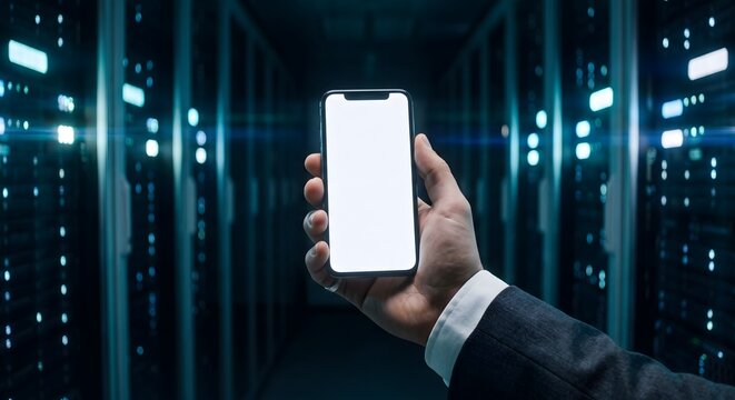Hand holding modern smartphone with blank white screen in data center server room glowing blue.