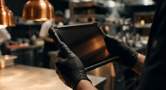 Person wearing black gloves holding tablet computer in modern restaurant kitchen with blurred staff.