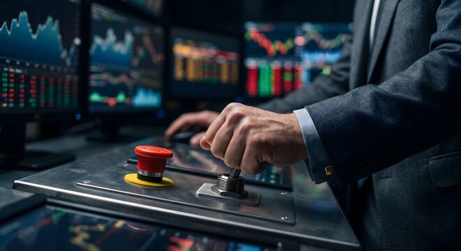 Trader's hand pushes large red button on control panel with stock market graphs displayed on screens for financial trading.