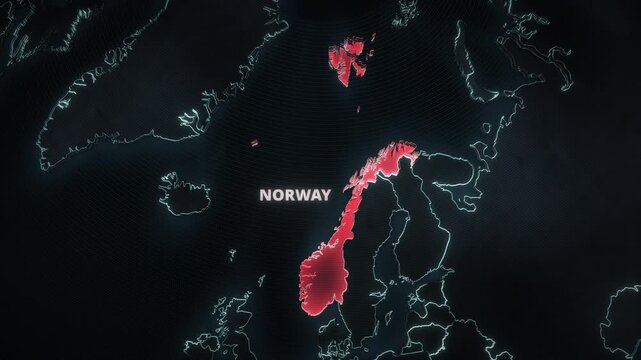 Glowing red alert map highlight of Norway, Scandinavia, featuring 3D extruded borders, neon typography, and a dark digital background for broadcast news presentation backdrops.
