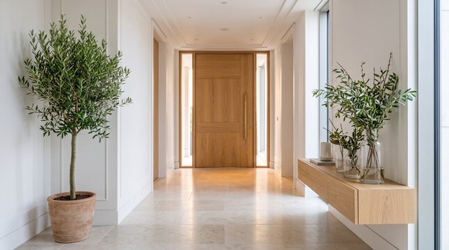 Modern Minimalist Home Entrance Hallway with Large Wooden Door and Olive Tree