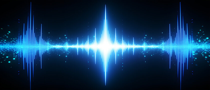Digital glowing sound wave with luminous blue audio spectrum and energy particles background