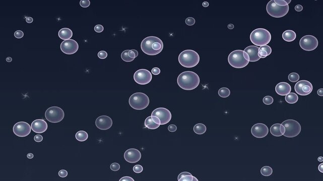 Floating transparent soap bubbles with shiny reflections and subtle sparkles on dark background motion graphic loop