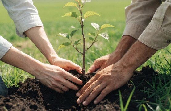 Two individuals working together to plant a young tree sapling in an open field representing reforestation efforts and taking action against climate change for a brighter future