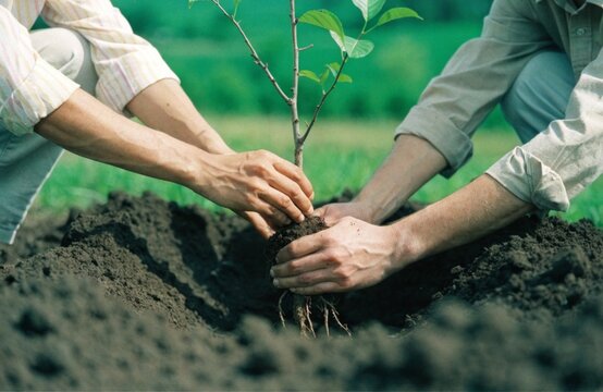 Two people collaborating to plant a young tree sapling together in a field for reforestation and climate action symbolizing environmental hope and sustainability