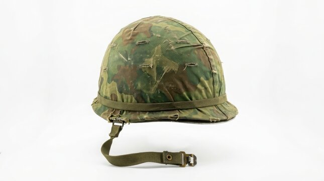 Old military combat helmet with camouflage cover used in war and historical army training