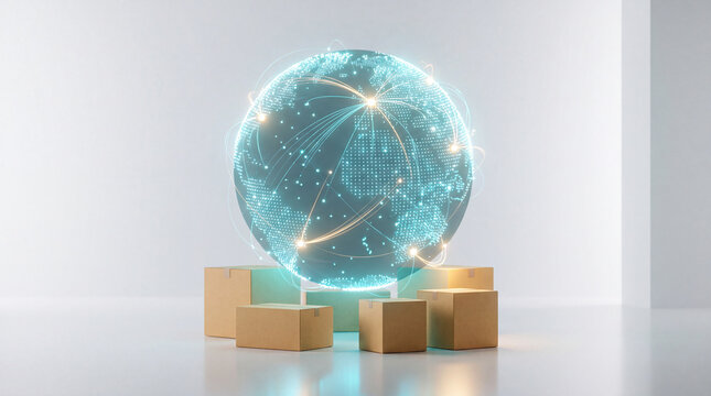Cardboard Parcel Beneath a Glowing Global Logistics Sphere