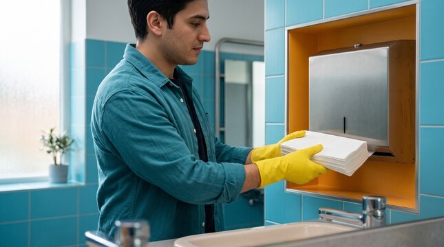 Facilities attendant restocks paper towels in a public washroom