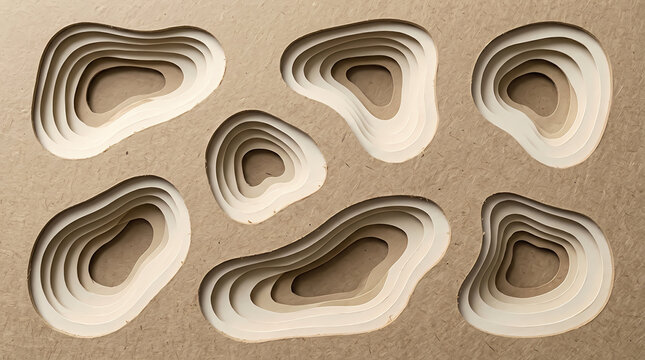 Abstract paper cut out shapes with layered depth effect on olive background