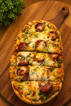 Cheesy Pepperoni Pizza Bread on Wooden Board