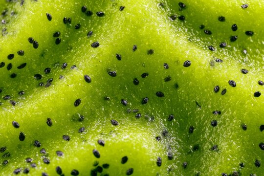 Close view of the texture of a ripe kiwi fruit showing pulp and seeds in detail