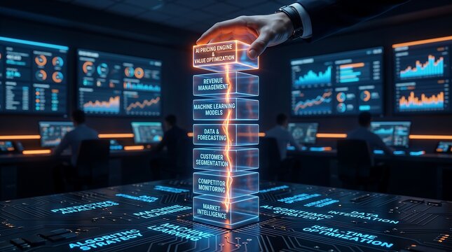 Corporate manager interacting with AI pricing engine hologram showing demand forecasting machine learning models and strategic revenue optimization