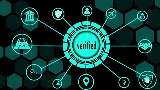 Verified identity authentication status rendered on glowing futuristic hud dashboard with corporate cyber security icons