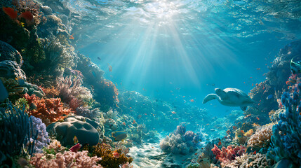 Sea turtle swimming through sunlit coral reef with vibrant marine life and clear turquoise water © Sarah