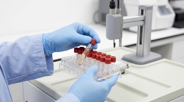 Gloved scientist checks samples after automated sorting