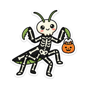 Kawaii praying mantis skeleton sticker, cute Halloween insect character with pumpkin bucket, spooky bug vector illustration isolated on White Background Halloween