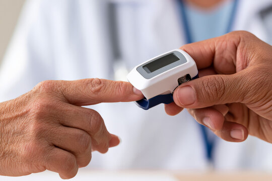 Doctor attaches a pulse oximeter to a patient finger during an examination. Oxygen monitoring, medical diagnosis, clinical care.