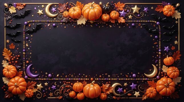 Festive halloween background frame featuring orange pumpkins and decorative autumn elements on a dark black surface for holiday celebration