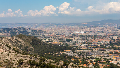 Fototapeta premium Limestone Marseilleveyre cliffs, overlooking Marseille city in Provence