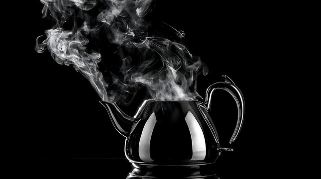 Kettle with boiling water; steam on black background.