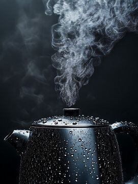 Kettle with steam from boiling water on a black background.