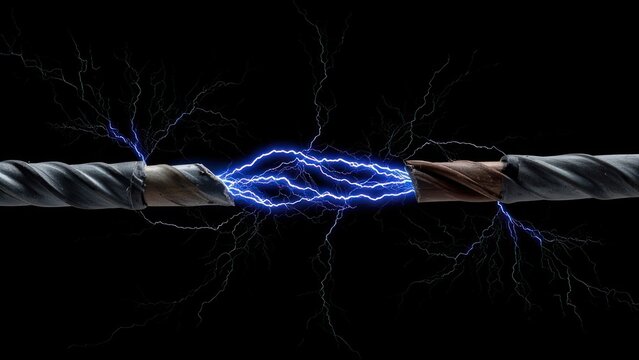 Bright blue electrical sparks jump between two damaged metal wires