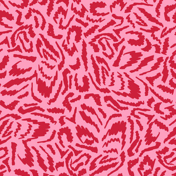 Hand drawn, hot pink zebra seamless repeat pattern. Random placed, wild animal skin, brush strokes as aop, all over surface print on pink background.
