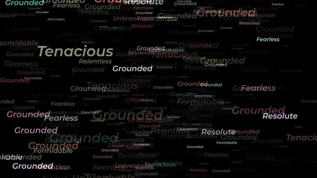 Abstract Digital Background Featuring Floating Motivational Words Like Grounded And Unbreakable In A Dark Moody Atmosphere With Subtle Lighting Effects Creating An Inspirational Aesthetic For