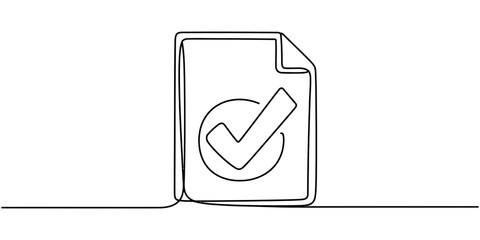 Continuous single line drawing of a document icon with a check mark symbol representing a completed task or a verified file on a white background Vector, illustration © Digital Illustration