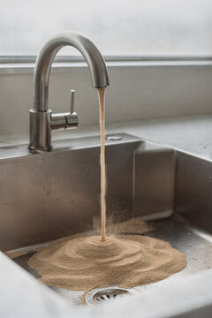 Kitchen Tap Pouring Desert Sand Instead of Water Into Sink