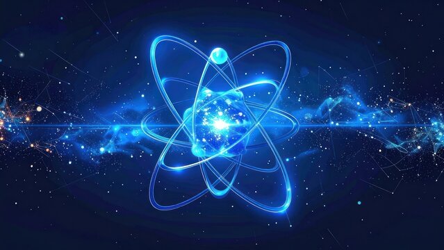 A glowing blue atomic structure floats in deep dark space