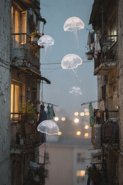 Glowing Jellyfish Drifting Through Air Between Old City Balconies