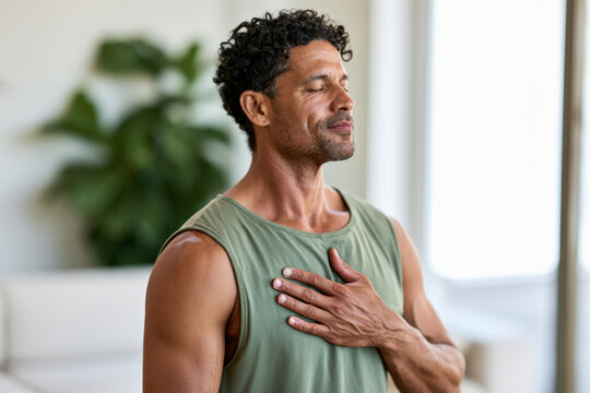Man practices mindful breathing with his hand over his heart at home. Inner balance, emotional wellness, calm meditation.