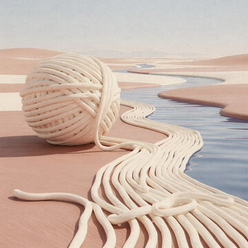 Giant Yarn Ball Unravelling Into a River Across a Pastel Desert