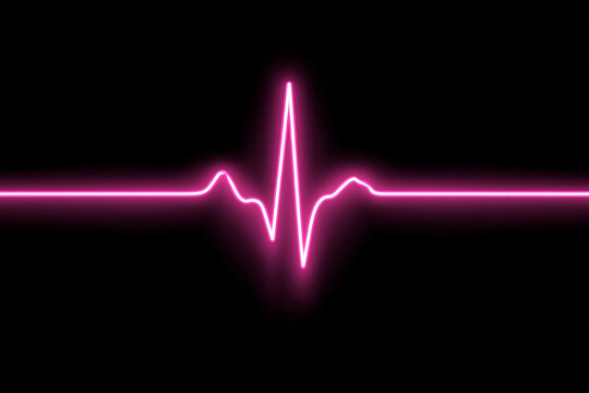 Neon pink ECG heartbeat waveform glows on a black background. Cardiac monitoring, medical technology, heart rhythm.