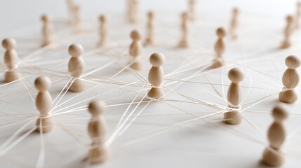 Obraz premium Wooden figurines connected by white thread on a white background. This visualizes networking and business communication concepts.