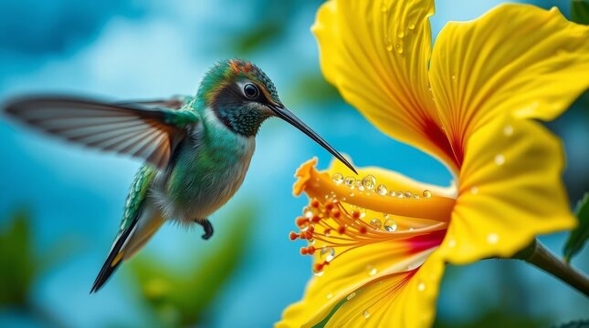 Vibrant hummingbird hovering in flight feeding on a bright yellow hibiscus flower