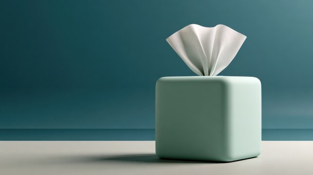 A single tissue paper pulled from a minimalist square light green box on a dark teal background. Concept for hygiene, wellness, or healthcare branding.