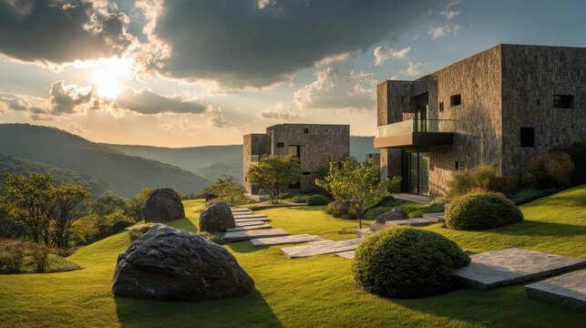 Modern stone architecture villas nestled on a lush green hillside at sunset. Luxury real estate and travel vacation concept.