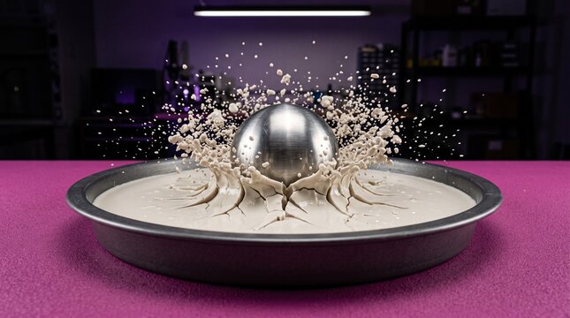 Steel sphere reveals impact resistance in cornstarch mixture