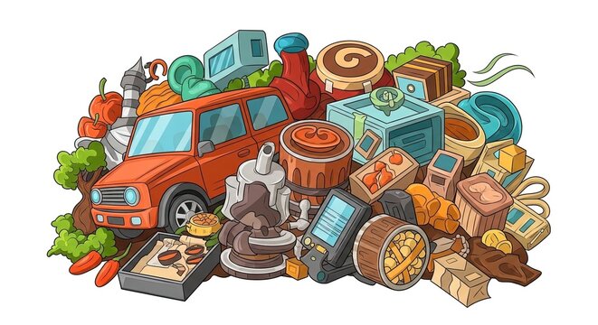 Whimsical Cartoon Pile of Objects and Food Items with Red Car and Lighthouse