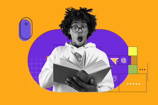 Surprised Black Male Reader In His Teens Holding An Open Book With Amazement At Home, Engaged In Learning, Sitting In A Cozy Setting. Education Concept.