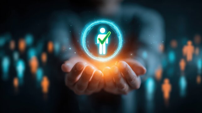 A businessman holds a glowing digital human icon with a checkmark. Concept for talent acquisition, hiring, and employee validation.
