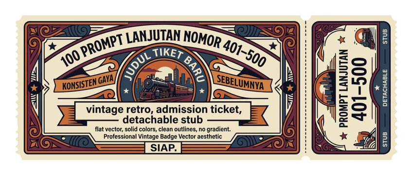 Vintage Retro Admission Ticket with Detachable Stub, Train and Cityscape