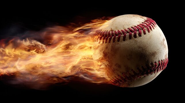 A worn baseball flying through the air engulfed in intense flames against a black background. Represents power and high-speed sports performance concepts.