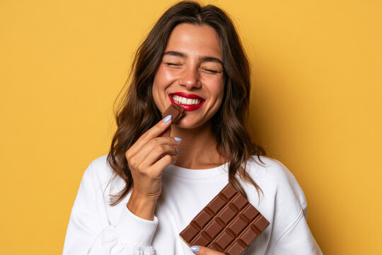 Woman with wavy brown hair and red lipstick holds chocolate bars on yellow. Sweet snack, playful portrait, dessert choice.