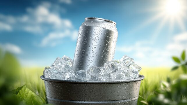 A cold metal can sitting in a bucket of ice cubes under a sunny summer sky. Perfect for a refreshing beverage promotion or outdoor party concept.