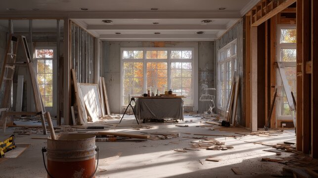 An interior residential space undergoing extensive renovation with debris and construction tools. Perfect for home improvement and real estate development concepts.